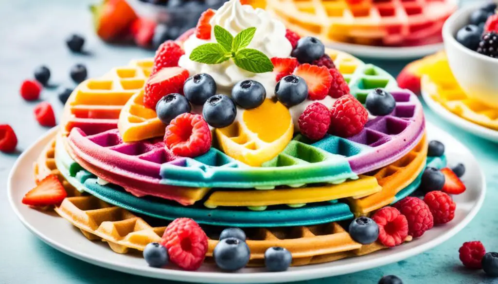 Rainbow waffles with plant-based food coloring