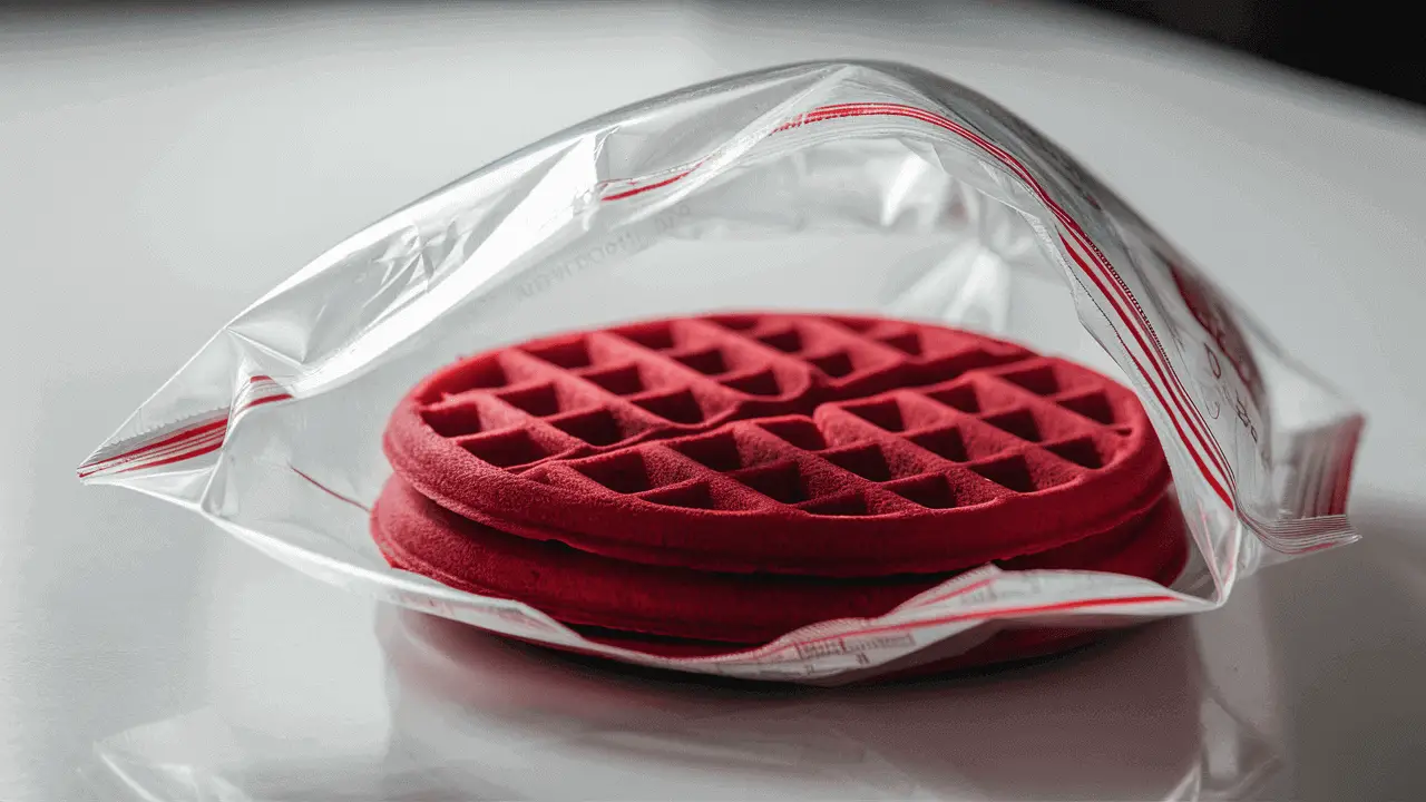 red velvet waffle in a ziploc bag