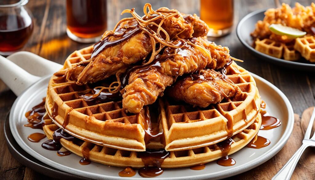 Bourbon glaze and crispy onions on chicken and waffles