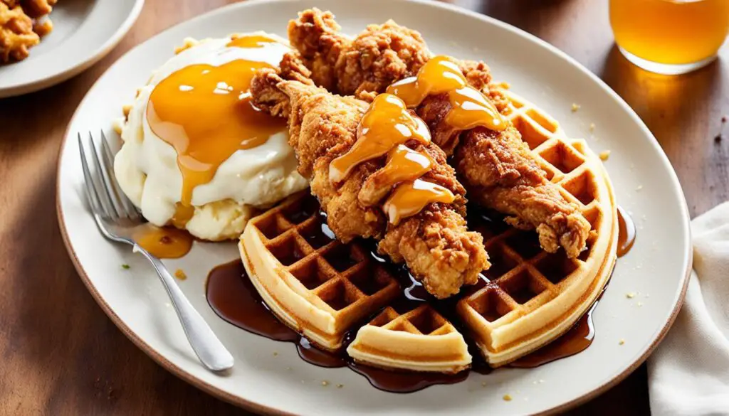 Maple syrup and butter on chicken and waffles