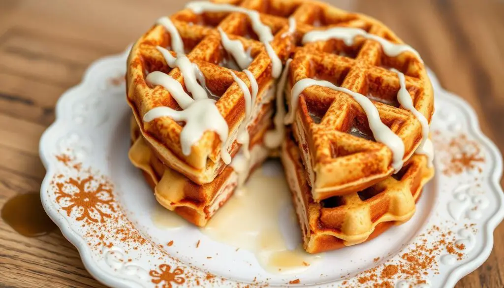 Cinnamon roll waffles on a plate