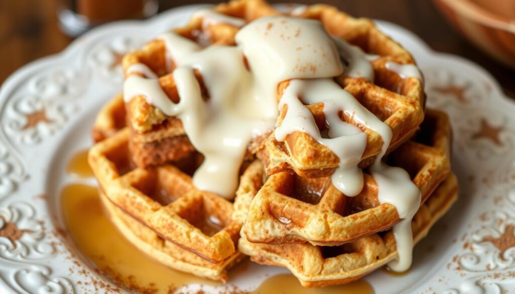 Cinnamon roll waffles on a plate