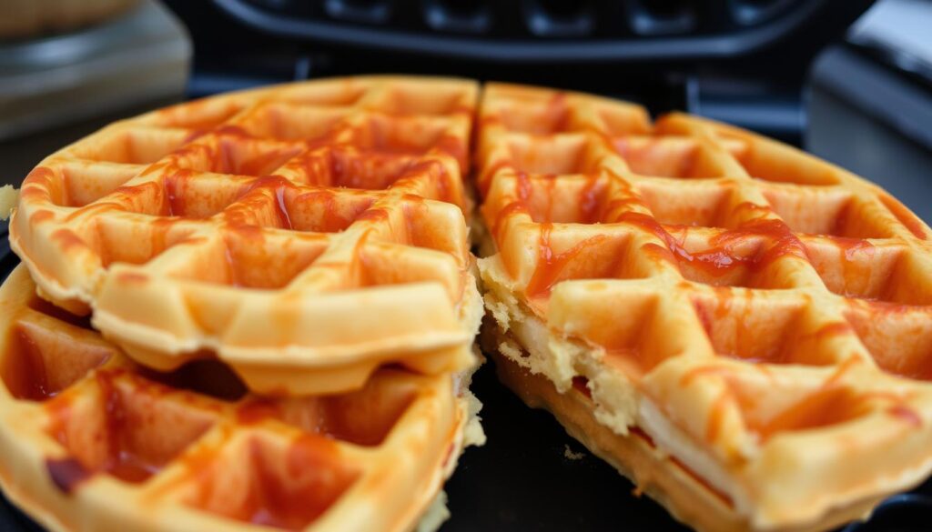 Golden-brown waffles on a waffle iron