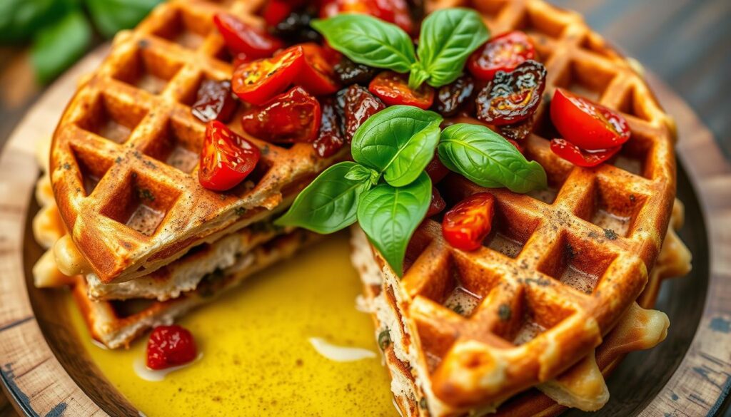Mediterranean-inspired waffles with sun-dried tomatoes and basil