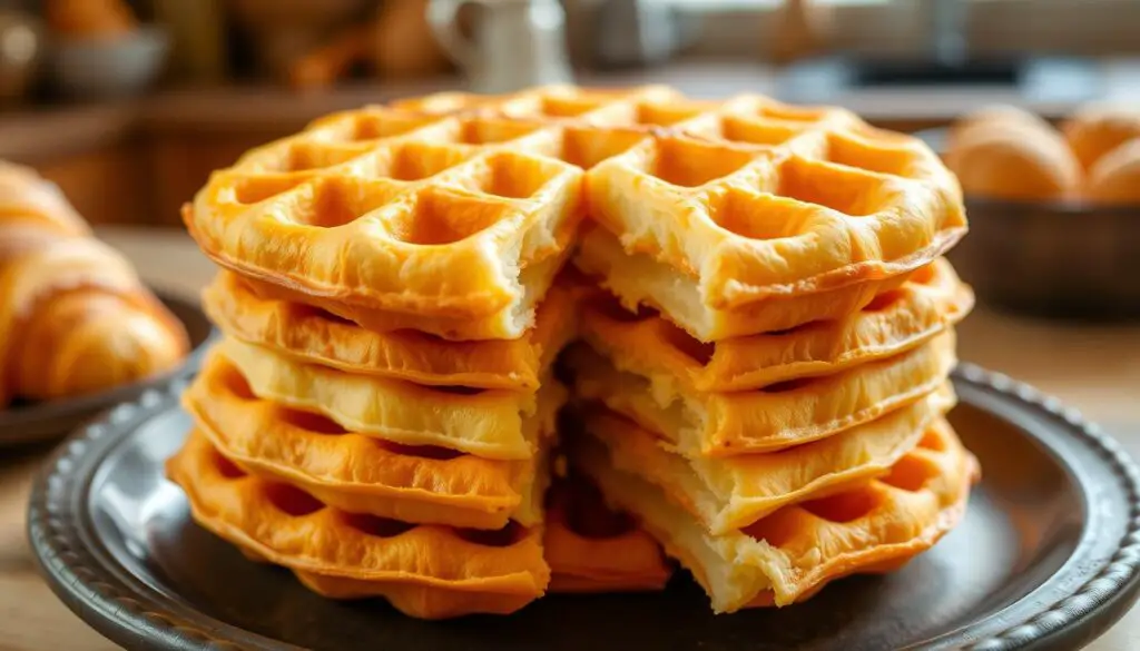 Croissant waffle in a waffle iron