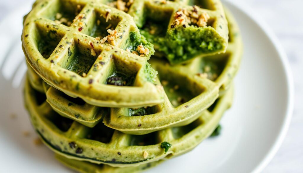 Green waffles with spinach and nutritional yeast