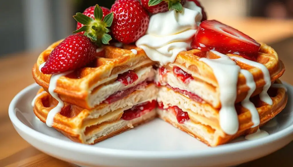 Strawberries and cream brioche waffles