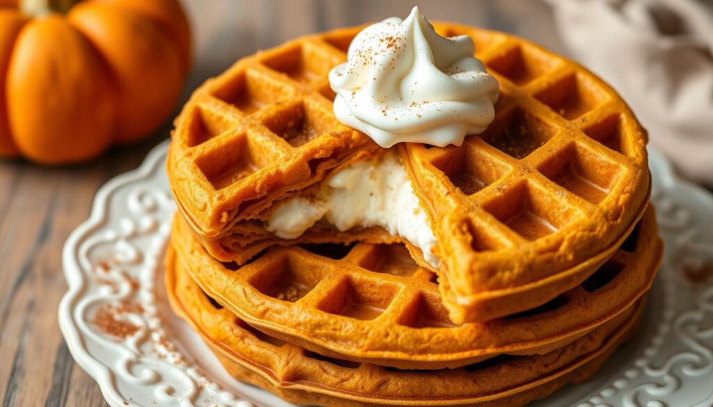Cashew cream vegan pumpkin cheesecake stuffed waffles