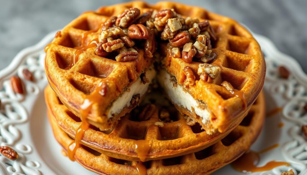 Pecan praline pumpkin cheesecake stuffed waffles