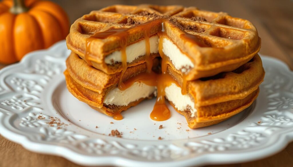 Whole wheat pumpkin cheesecake stuffed waffles