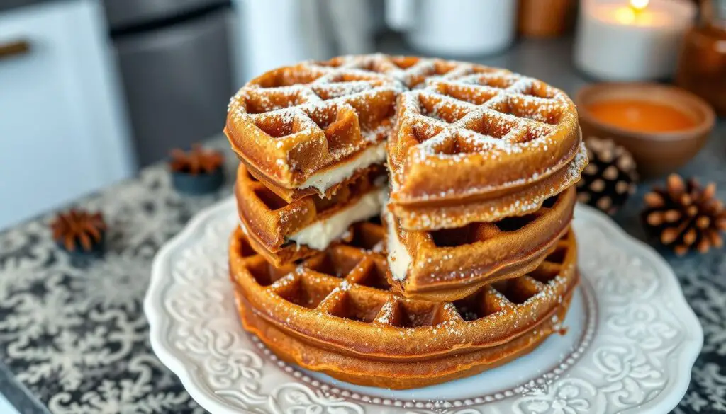 Gingerbread Waffles Stuffed with Cheesecake